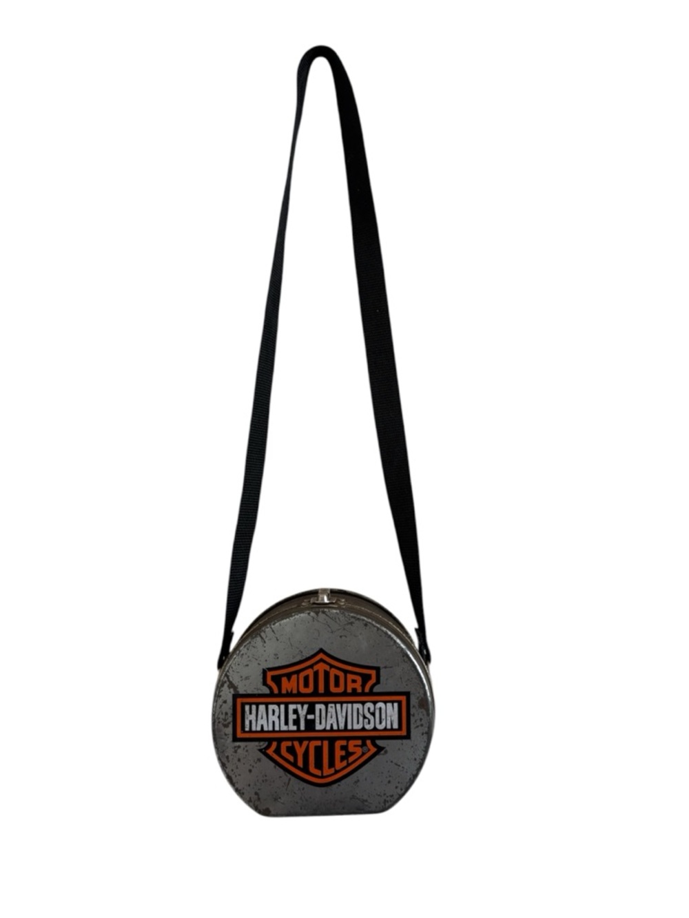 Vintage 90'sHarley Davidson round metal tin bag with strap